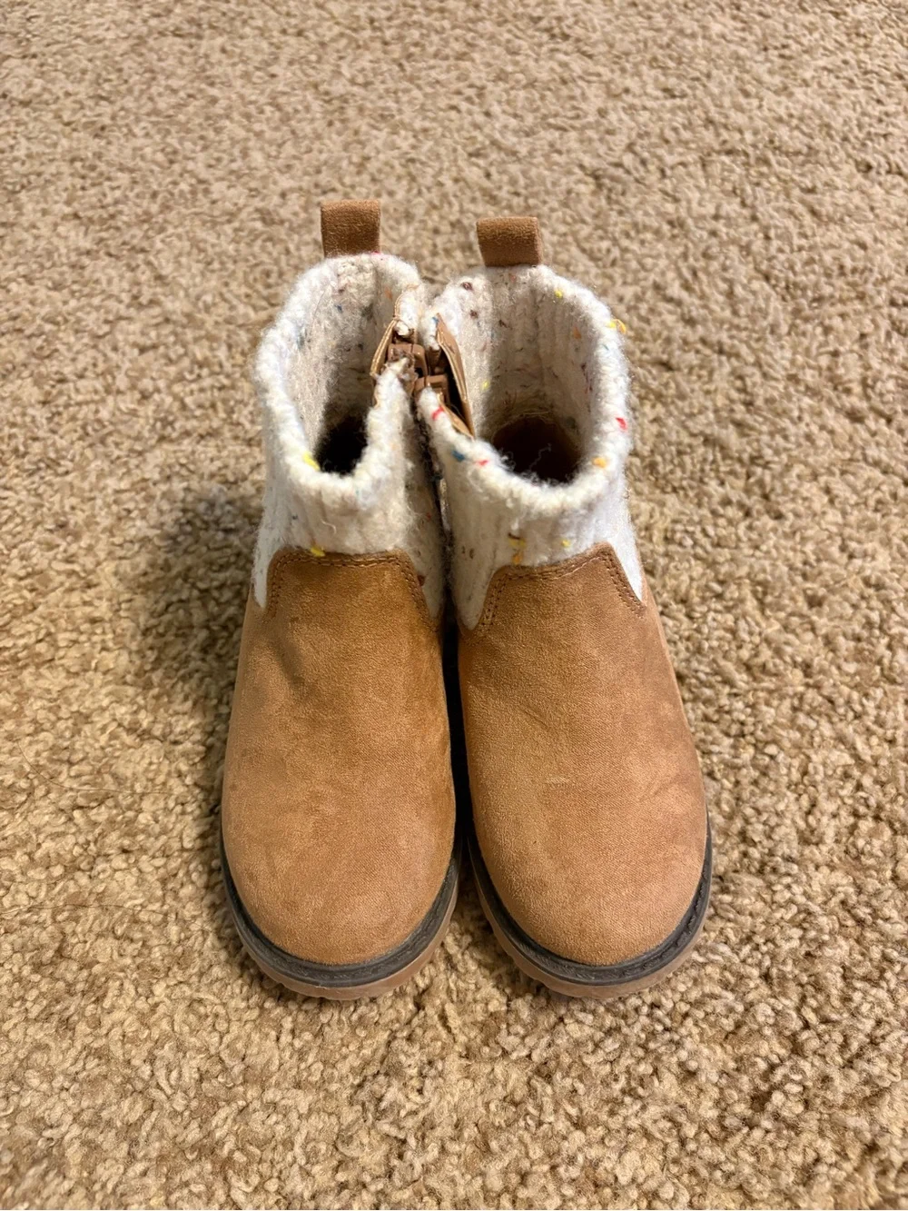 Kids cat and jack Tan Suede Booties with Cream Knit Cuff
